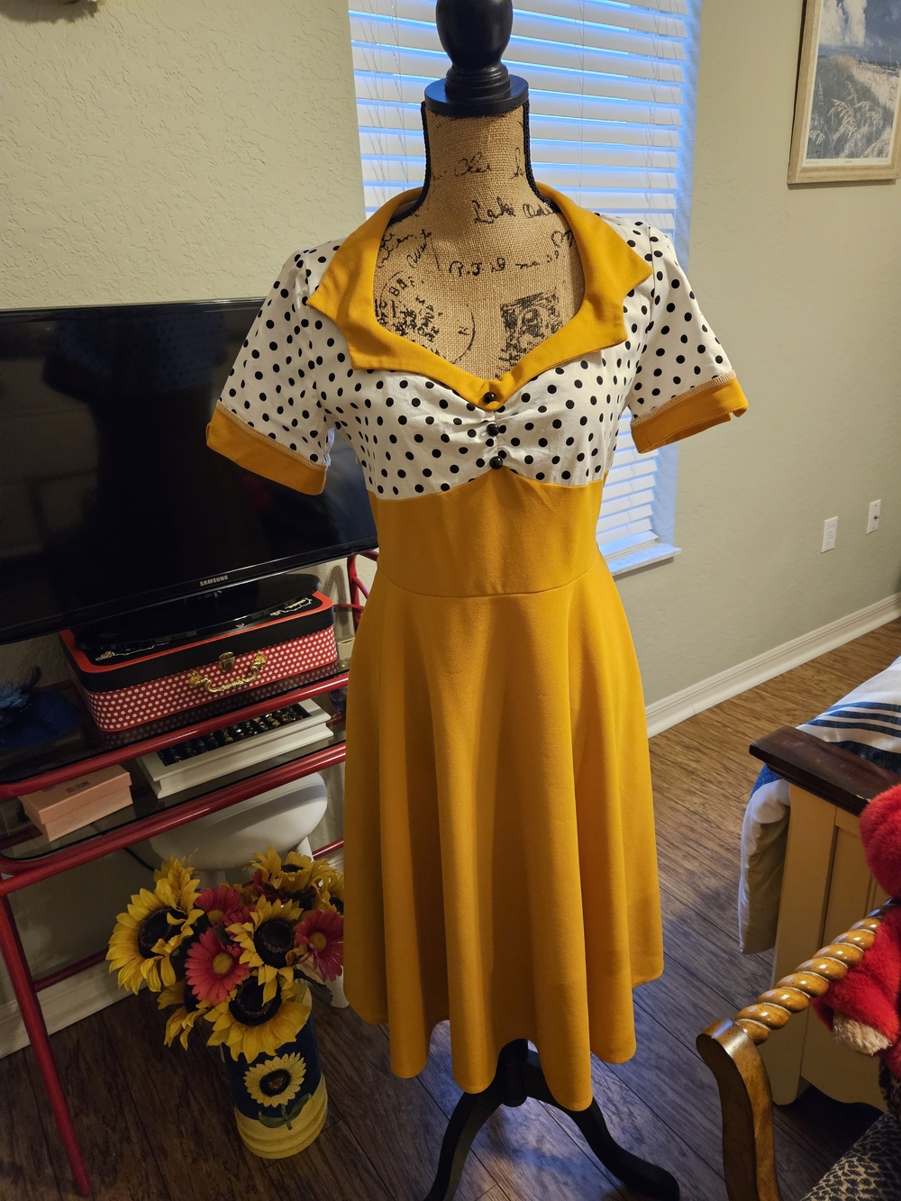 Mustard Yellow Polka Dot Fit-and-Flare Dress